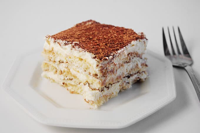 A slice of Italian Tiramisu on a plate.