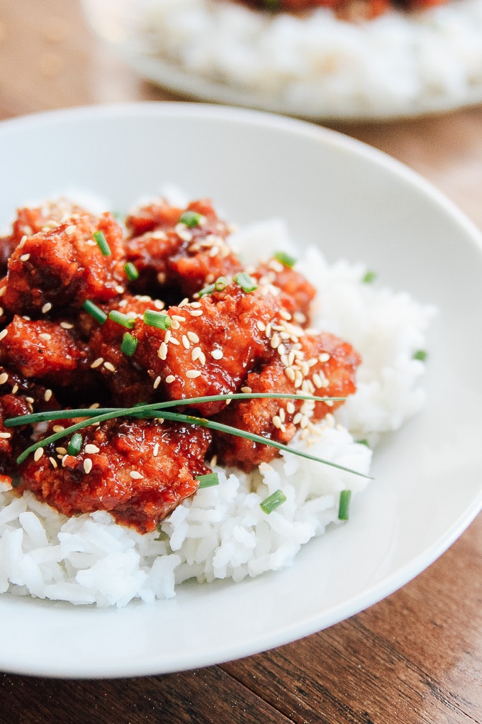 Sweet and Spicy Chicken on a bed of rice.