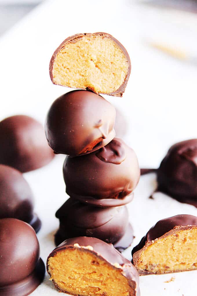 3 low-fat peanut butter balls in a stack.