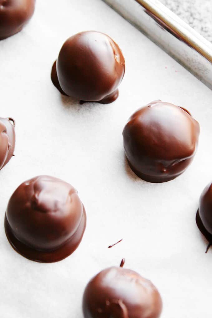 Peanut butter balls covered in chocolate.