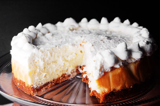 A creamy cheesecake baked in a water bath.