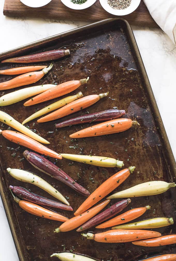 Carrots on a baking sheet.