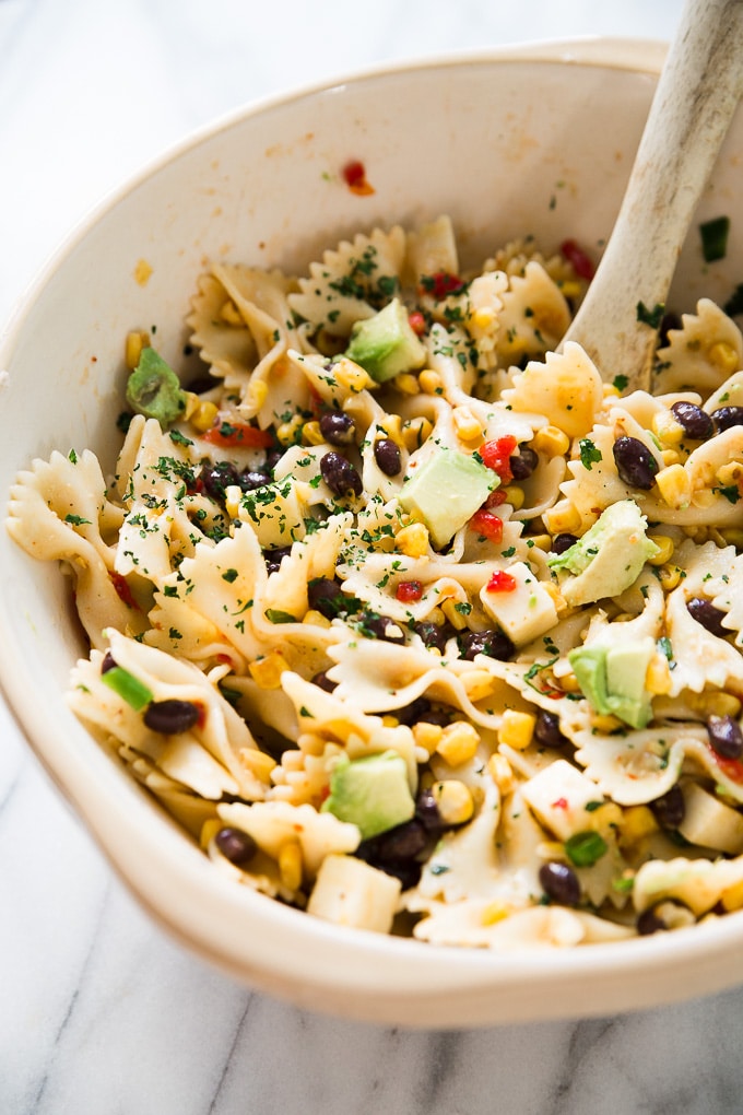 Southwest Pasta Salad in a bowl on a counter top.