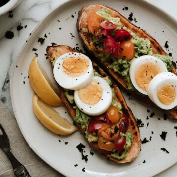 Sweet Potato Toast is a healthy, gluten-free breakfast that's simple and easy! Learn how to make in the toaster, air fryer or oven! #glutenfreebreakfast #whole30breakfast #healthybreakfast #sweetpotatotoast