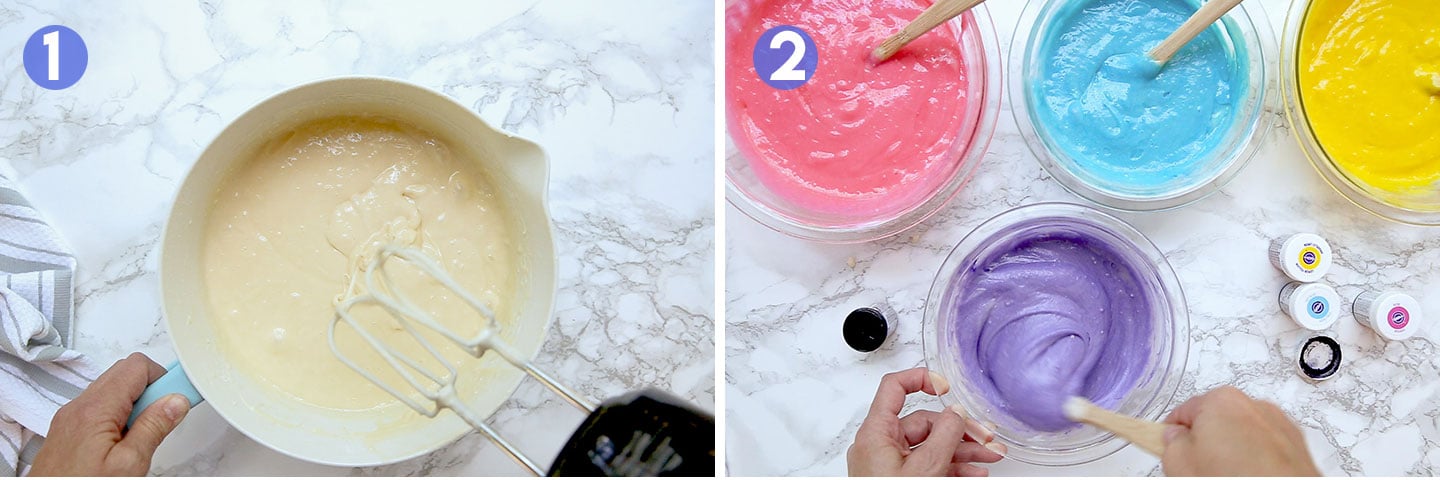 Cake batter in a bowl with food coloring.