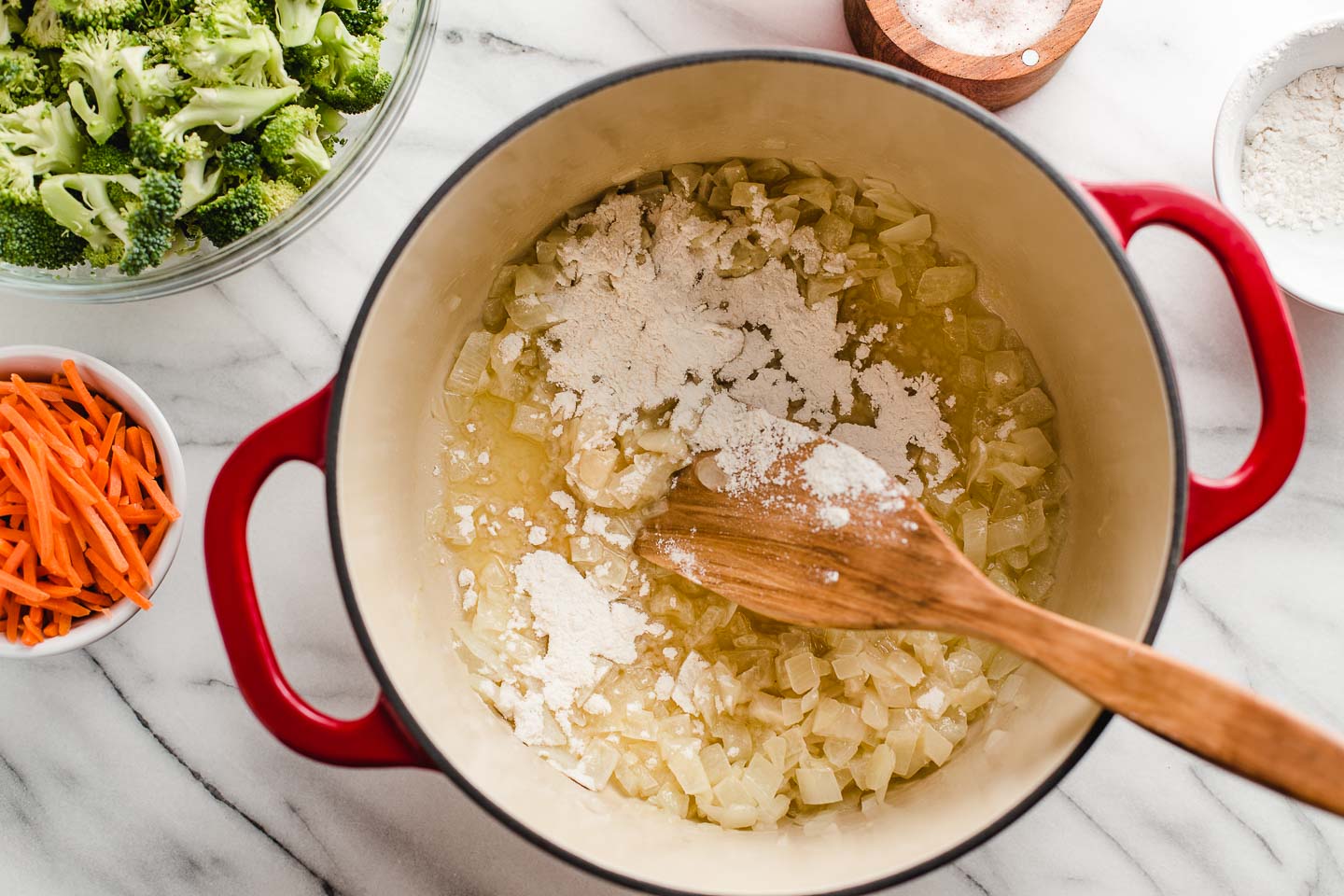 Making a roux with butter and flour.