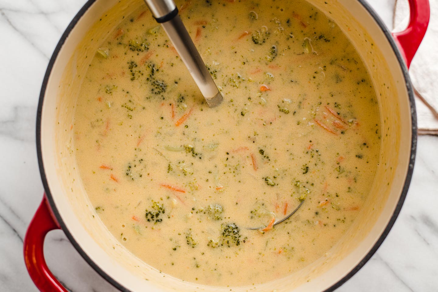 Finished pot of broccoli cheddar soup.
