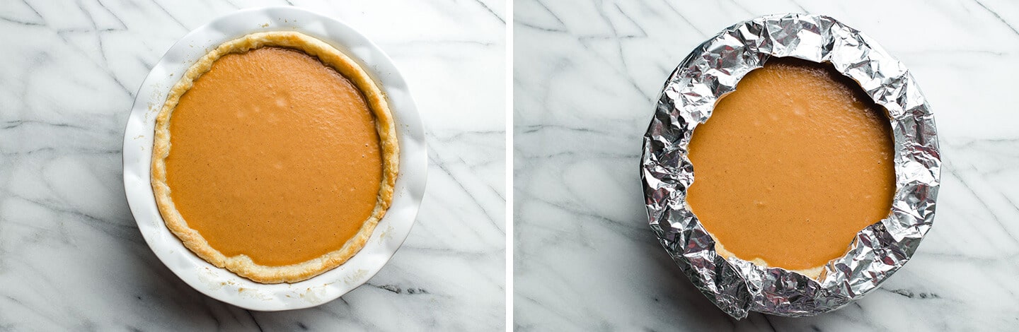 An unbaked pie with a pie shield.