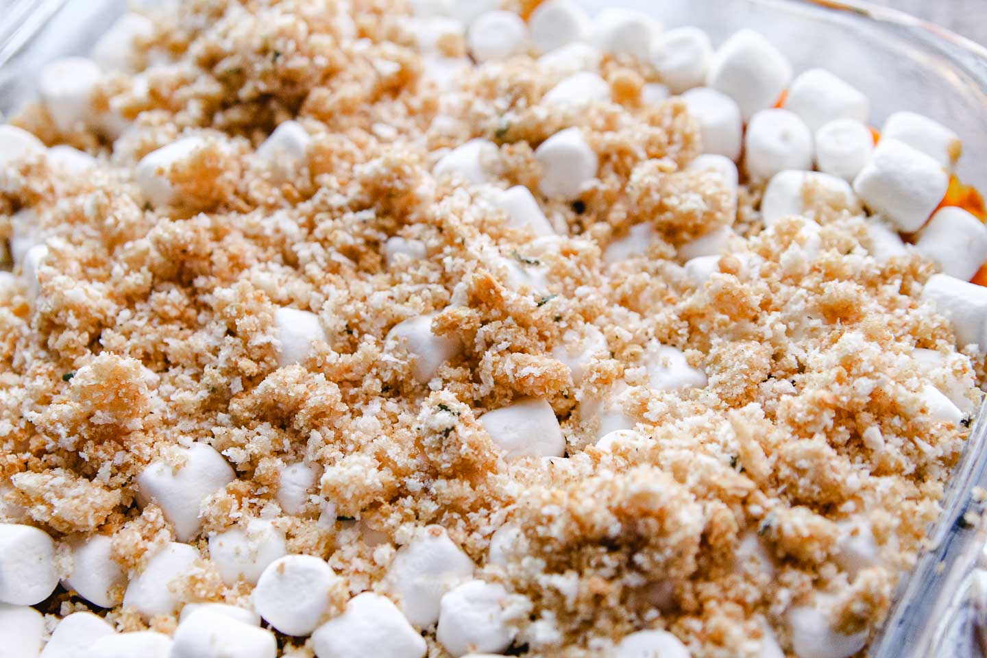 Sweet potato casserole with marshmallows and crumb topping.