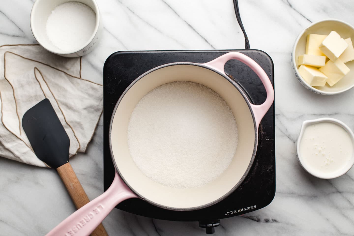 Salted caramel ingredients on a counter top.