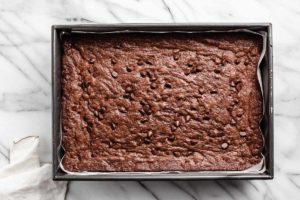 Baked brownies in a pan.