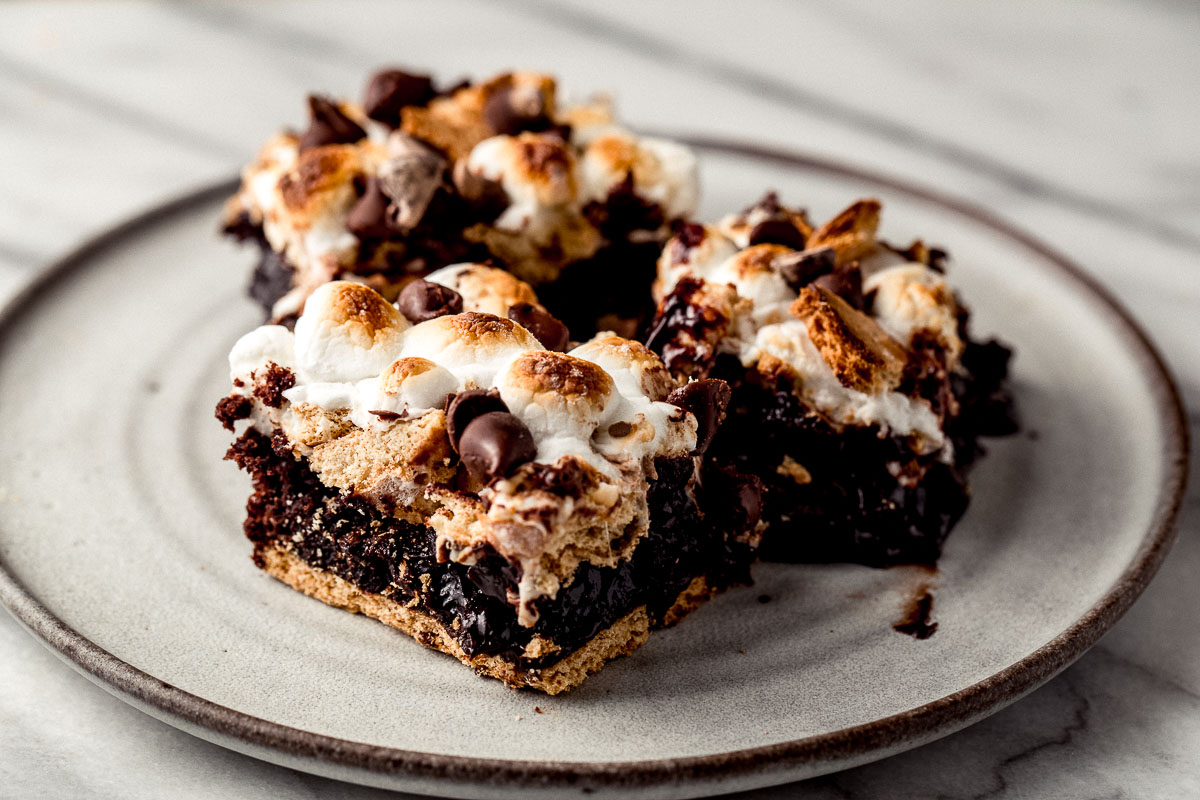 3 Smores brownies on a plate