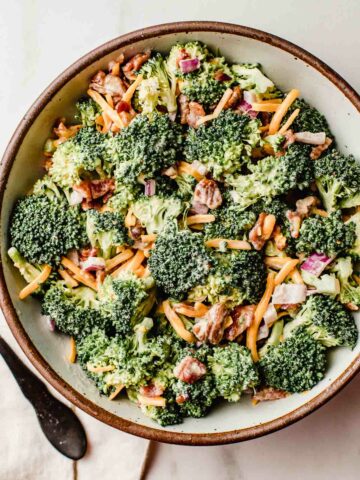 Broccoli salad in a serving bowl.