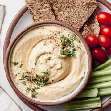Hummus in a serving bowl.