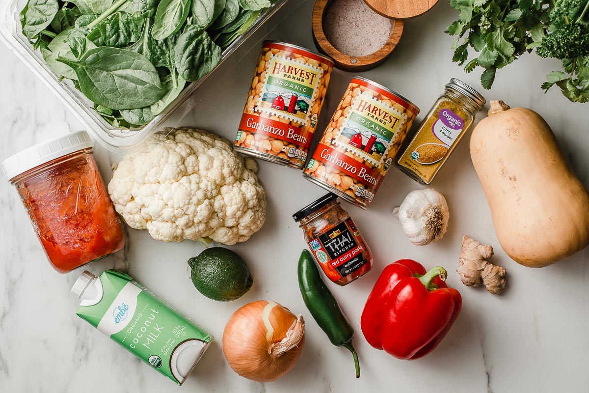 Chickpea Cauliflower Curry ingredients on a table.