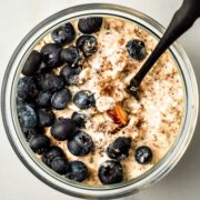 Overnight oats in a jar with blueberries.