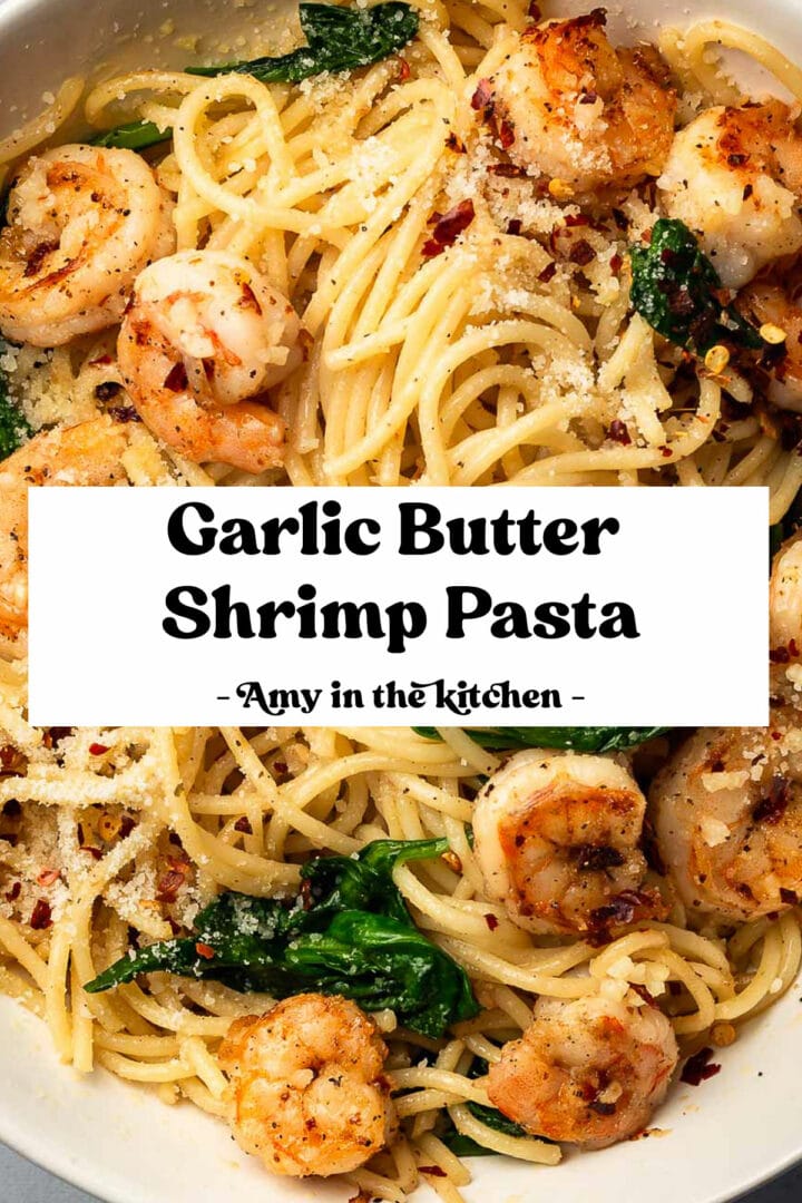 Garlic butter shrimp pasta in a bowl.