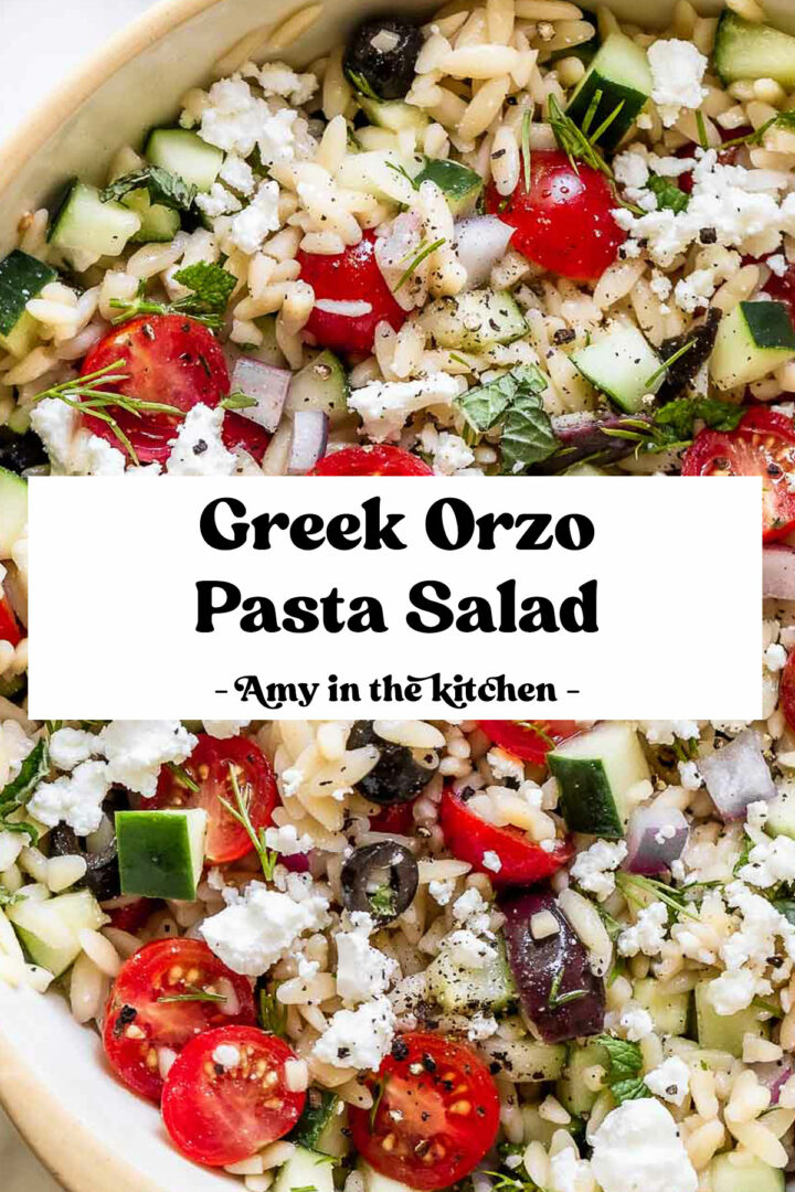 Greek orzo pasta salad recipe in a bowl.