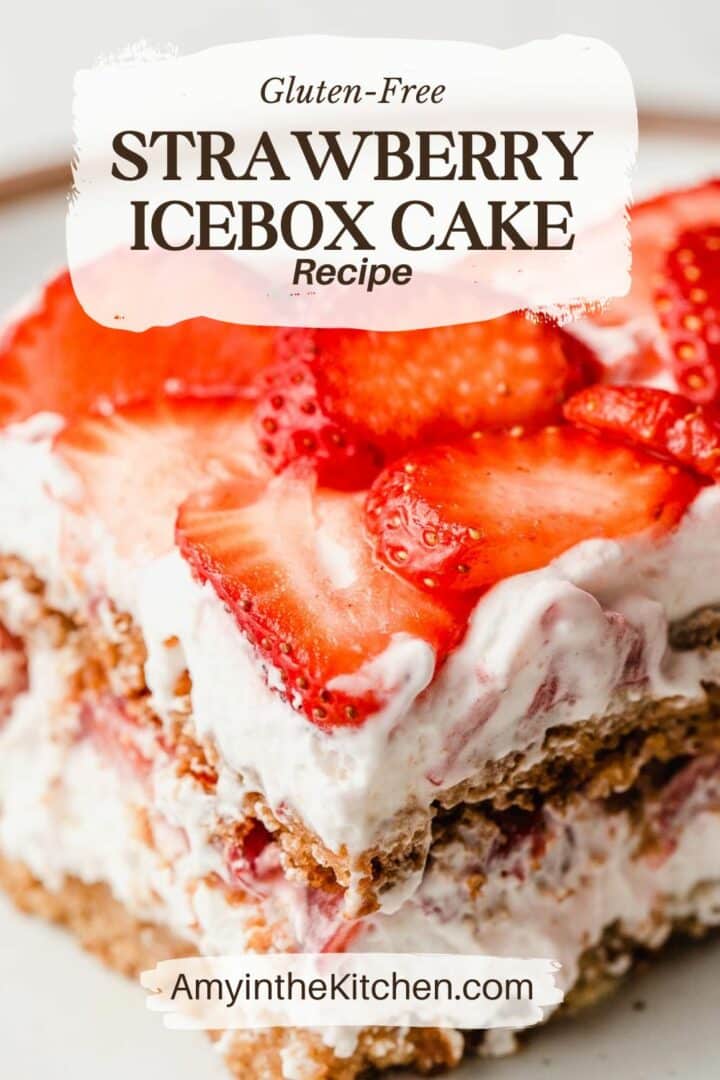 A slice of gluten-free strawberry icebox cake on a plate.