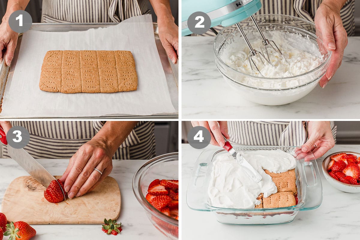 Four photos showing the steps needed to make the dessert.